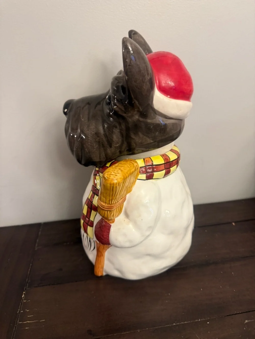 Hand-Painted Black and White Scottie Dog Holiday Figurine with Red Accents